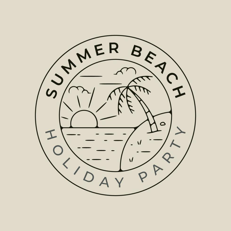 sommar strand linje konst logotyp vektor med emblem mall illustration design med handflatan träd och Sol brista ikon design.