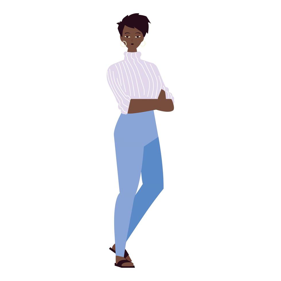 kvinnakaraktär i byxor och randig blus på vit bakgrund vektor
