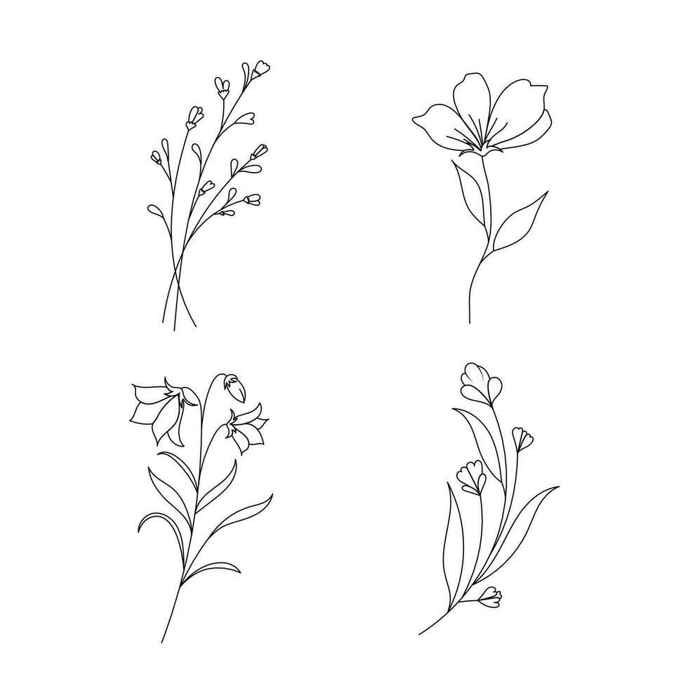 blommig gren och minimalistisk blomma för logotyp eller tatuering. hand dragen vild fält flora, linje bröllop ört, elegant löv för inbjudan, spara de datum kort. vektor