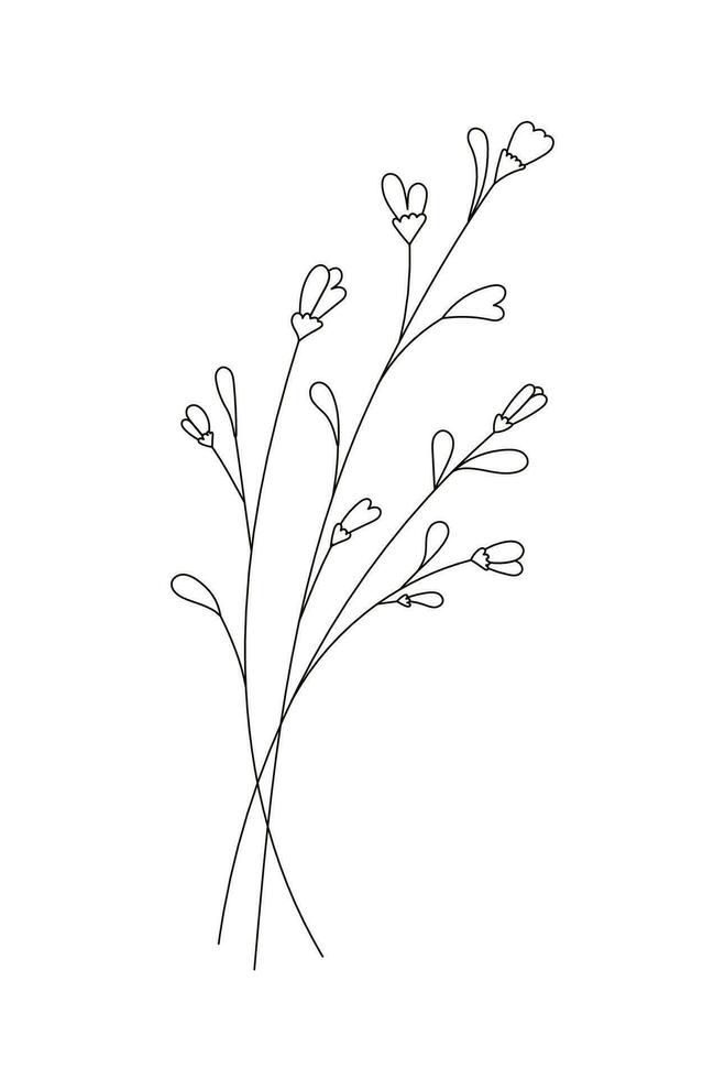 Blumen- Ast und minimalistisch Blume zum Logo oder Tätowierung. Hand gezeichnet wild Feld Flora, Linie Hochzeit Kraut, elegant Blätter zum Einladung, speichern das Datum Karte. vektor