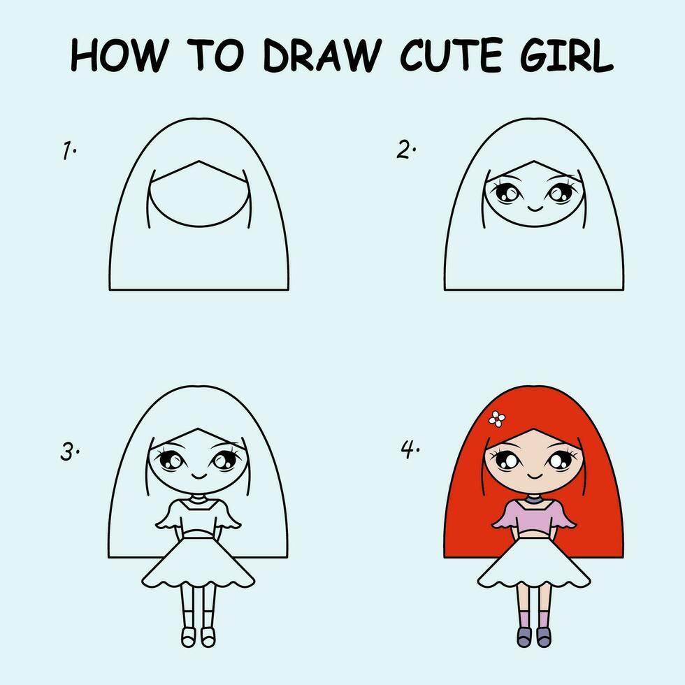 Schritt durch Schritt zu zeichnen ein süß Mädchen. Zeichnung Lernprogramm ein süß Mädchen. Zeichnung Lektion zum Kinder. Vektor Illustration