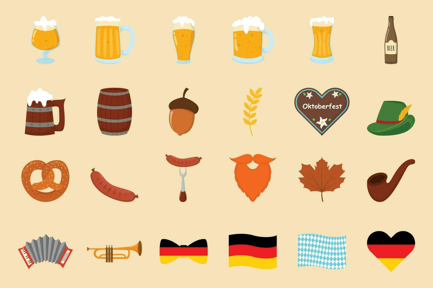 Oktoberfest Bier Festival Element Satz. Lebkuchen, Akkordeon, Bier, gegrillt Würstchen auf Gabel, Rauchen Rohr und etw. vektor