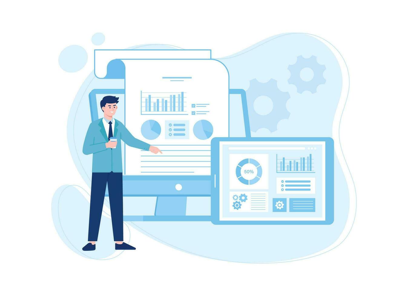 Geschäftsmann Analysieren Der Umsatz Daten mit Tablette und Computer Konzept eben Illustration vektor