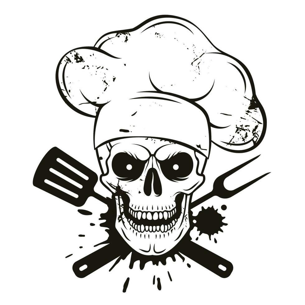 grinsender Totenkopf in Kochmütze mit gekreuzten Grillwerkzeugen. karikaturkochschädel im handgezeichneten stil. Grillmeister, Grunge-Vektor-Illustration vektor