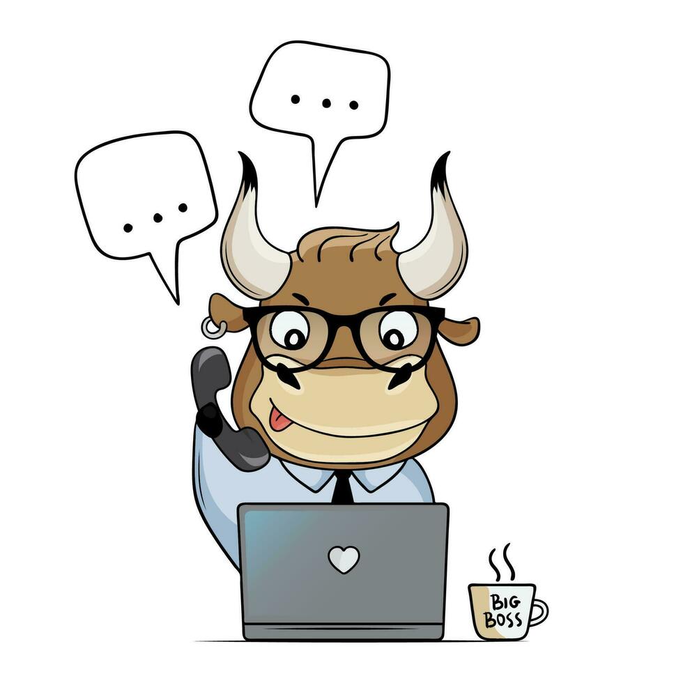 süß Stier funktioniert im das Büro mit ein Laptop. Karikatur Stier Antworten Anrufe und Mitteilungen. Vektor Illustration