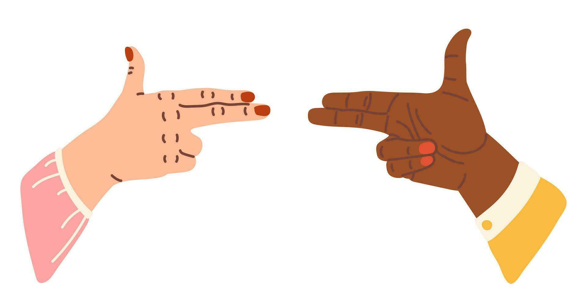 två händer pistol tecken vektor tecknad serie illustration isolerat på vit. pistol pistol finger gest. mördare gest. smäll eller skytte från imaginär vapen, kommunikation