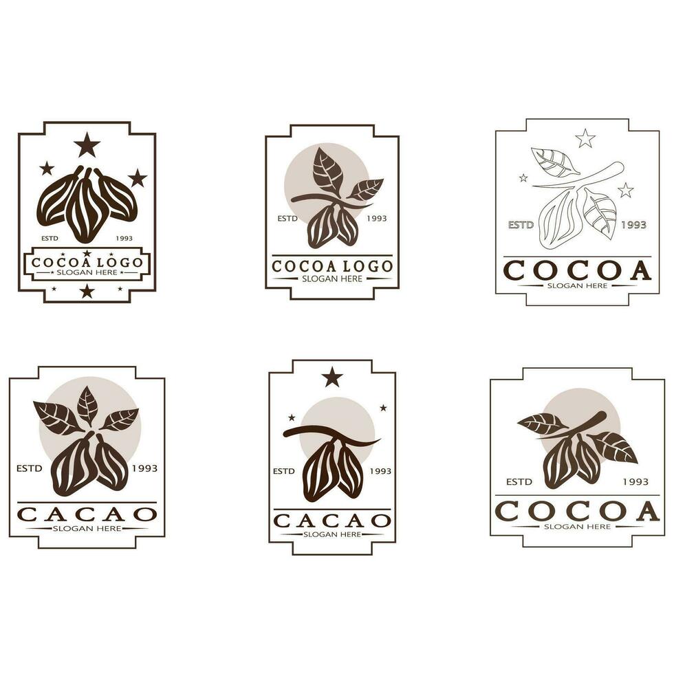 kakao logotyp, kakao böna, kakao träd, kakao grenar och blad, choklad blanda på vit bakgrund, vintage, modern, enkel, minimalistisk ikon illustration mall design vektor