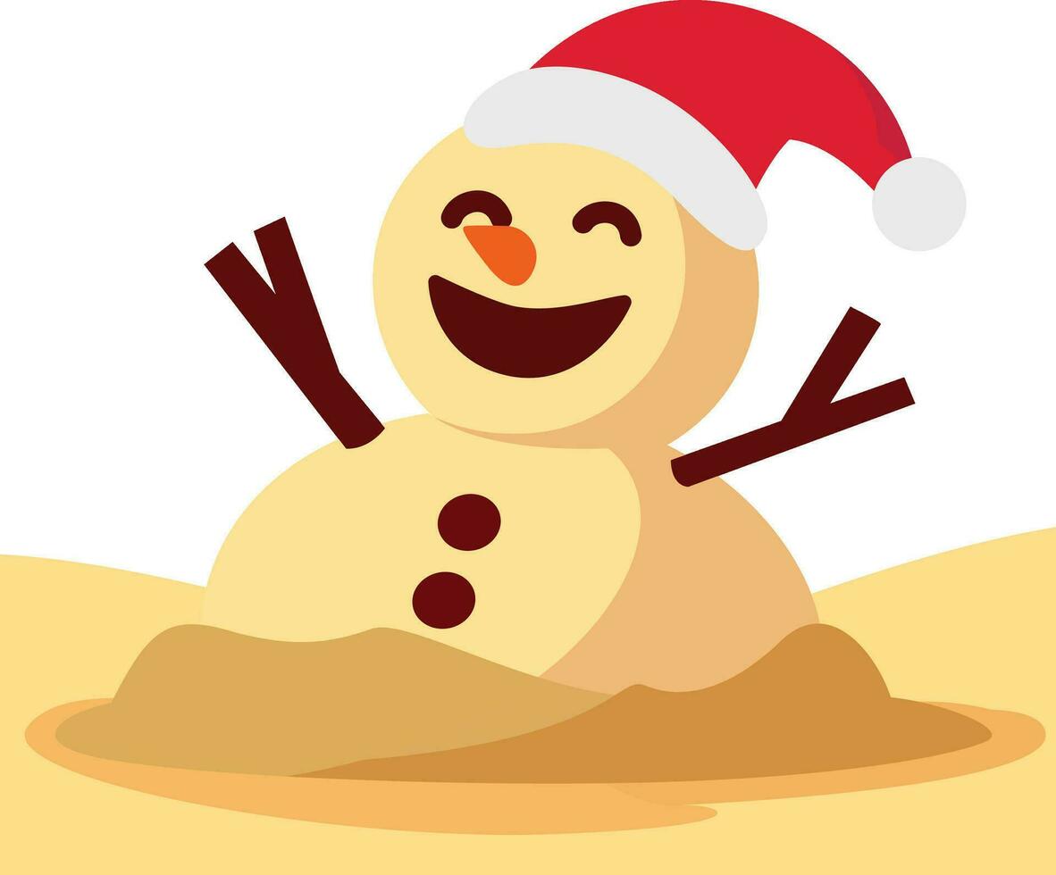leende sandig snögubbe bär en jul hatt på strand på jul säsong platt stil vektor illustration, john blund med en santa hatt stock vektor bild
