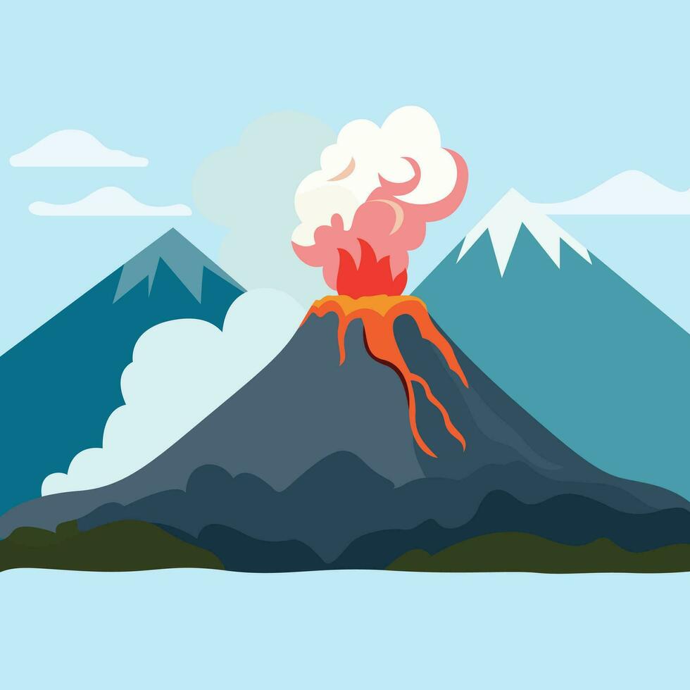 aktiv Vulkan und Umgebung Berge eben Stil Vektor Illustration, vulkanisch Eruption , Gas und Lava loslassen von ein Vulkan Lager Vektor Bild