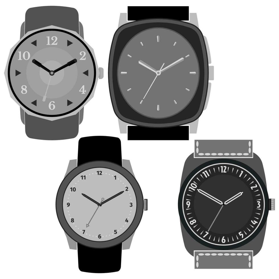 einstellen von vier schwarz und Weiß Uhren auf Weiß Hintergrund. Uhr Gesicht mit Stunde, Minute und zweite Hände. Vektor Illustration.