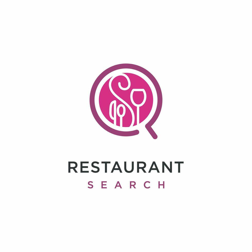restaurang logotyp, där är element av sked, gaffel, kniv och vin isolerat Sök logotyp vektor