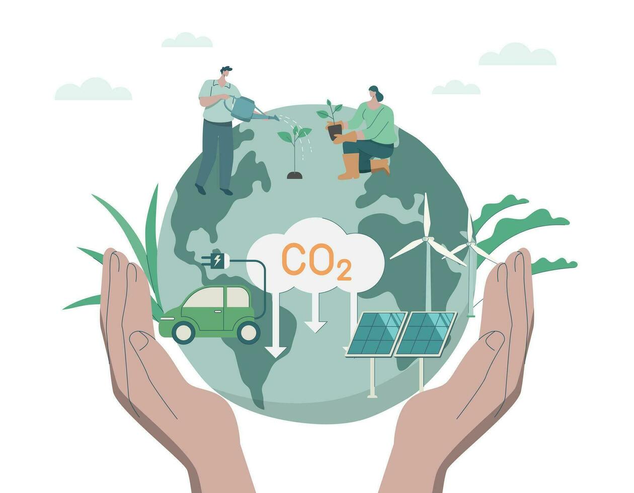 Entwicklung nachhaltig co2 Konzepte und niedrig reduzieren co2, mit sauber Energie, nachhaltig Umwelt Management. vektor