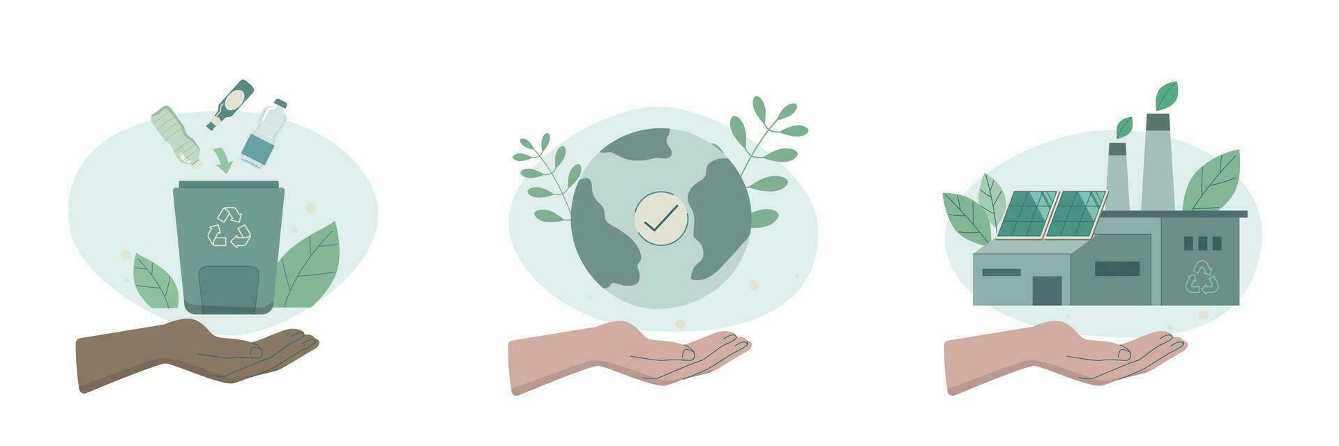 eco vänlig hållbar, uppsättning av omtänksam tecken händer innehav jorden, återvinning avfall och grön fabrik, bevarande av ekologi av planet, vektor