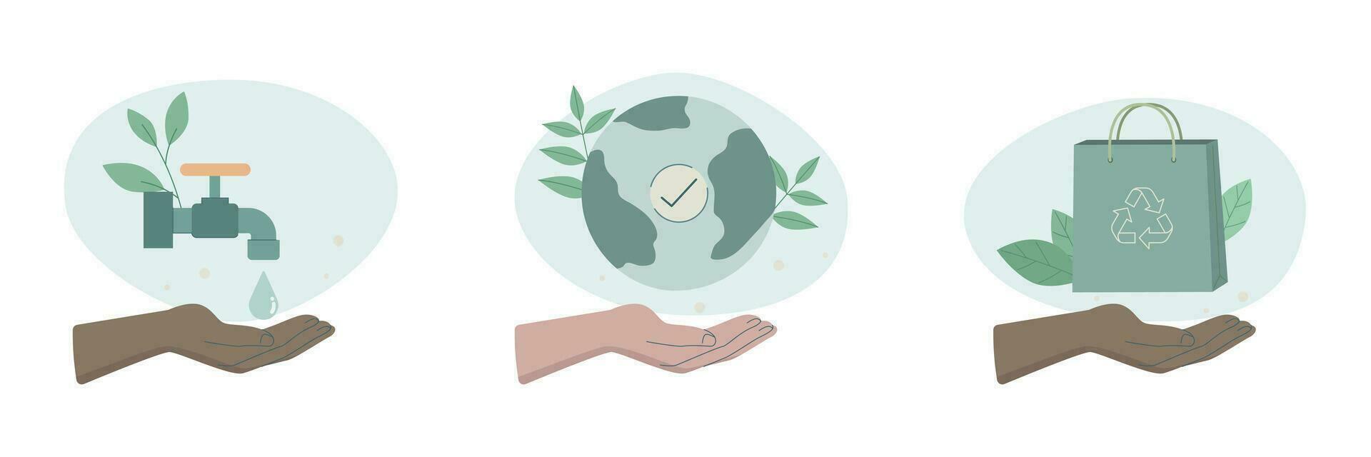 eco vänlig hållbar, uppsättning av omtänksam tecken händer innehav jorden, sparande vatten och bio förpackning, bevarande av ekologi av planet, vektor