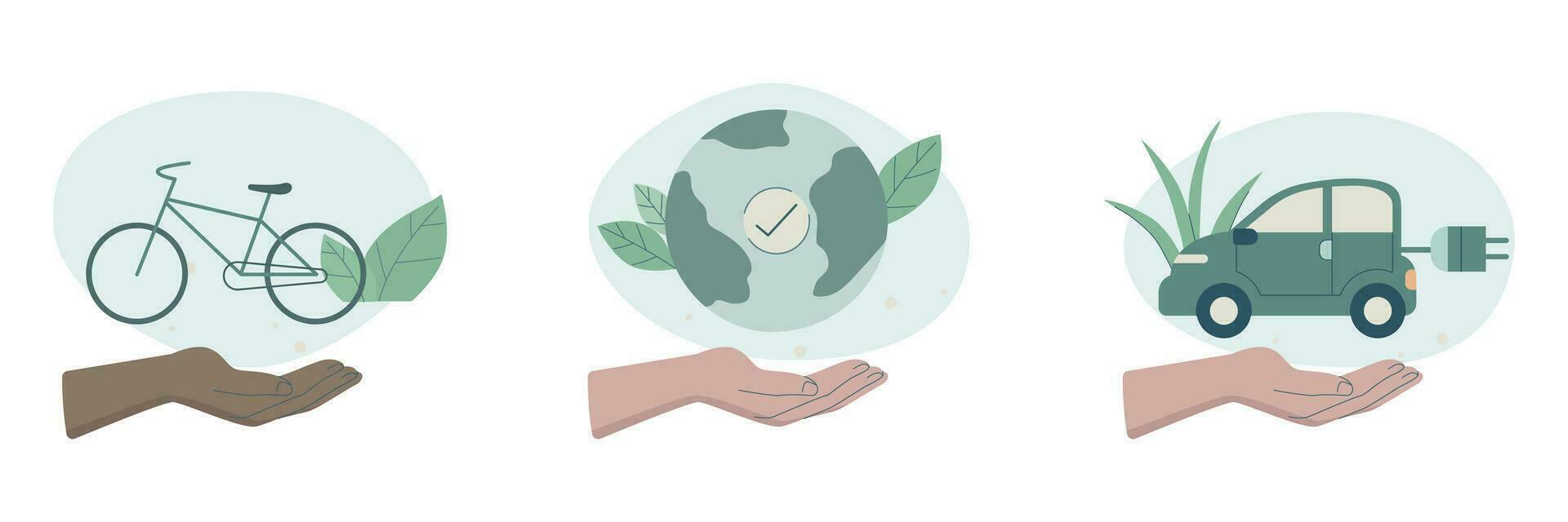 Öko freundlich nachhaltig, einstellen von Pflege Zeichen Hände halten Erde, verwenden Fahrrad und elektrisch Auto, Erhaltung von Ökologie von Planet, vektor