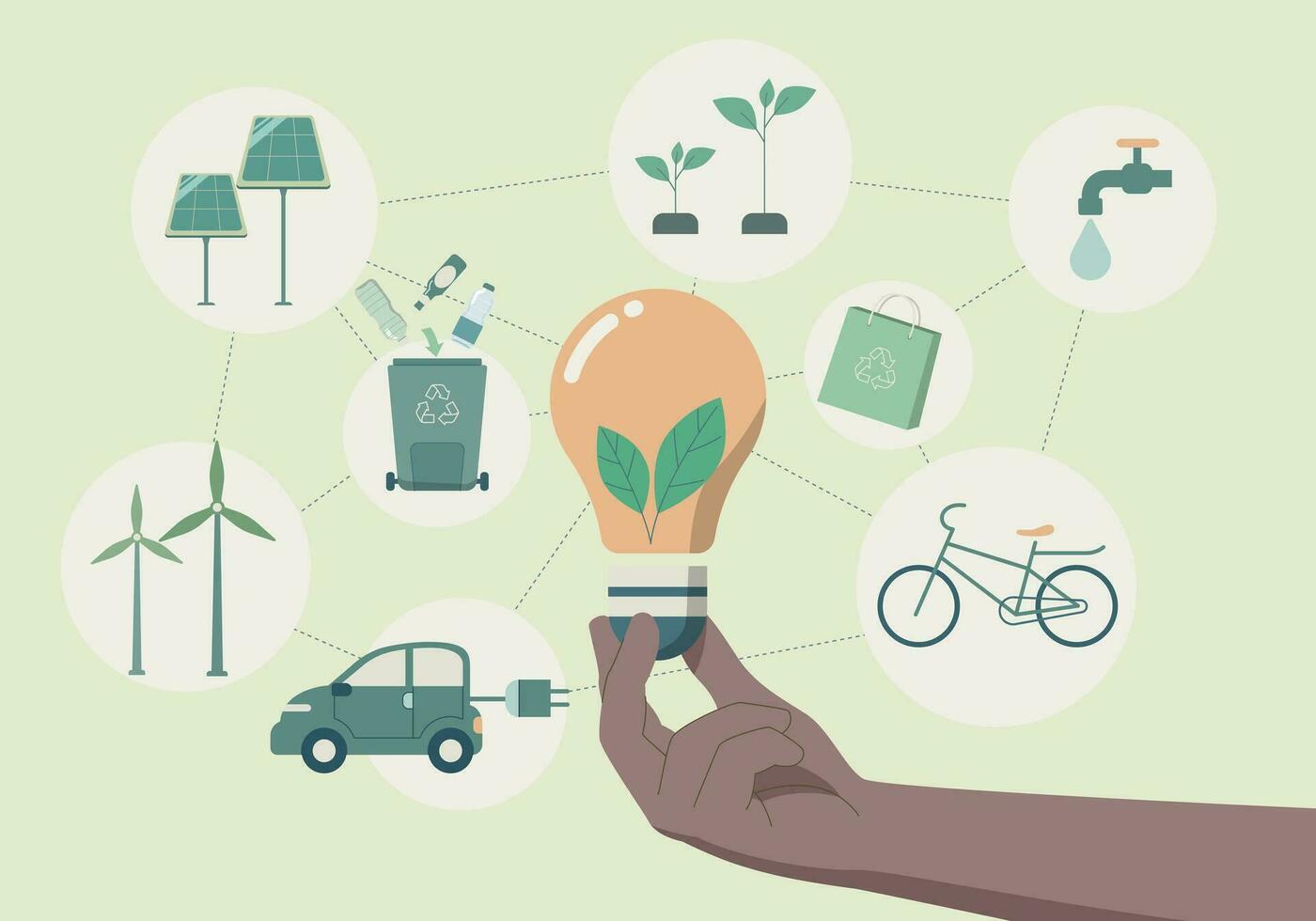 eco vänlig hållbar, hand innehav ljus Glödlampa med energi källor för förnybar, klimat förändra problem begrepp. vektor design illustration.