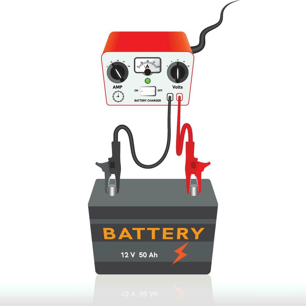 batteri laddad med batteri laddare för leda syra eller ackumulator batterier på isolerat vit bakgrund. vektor