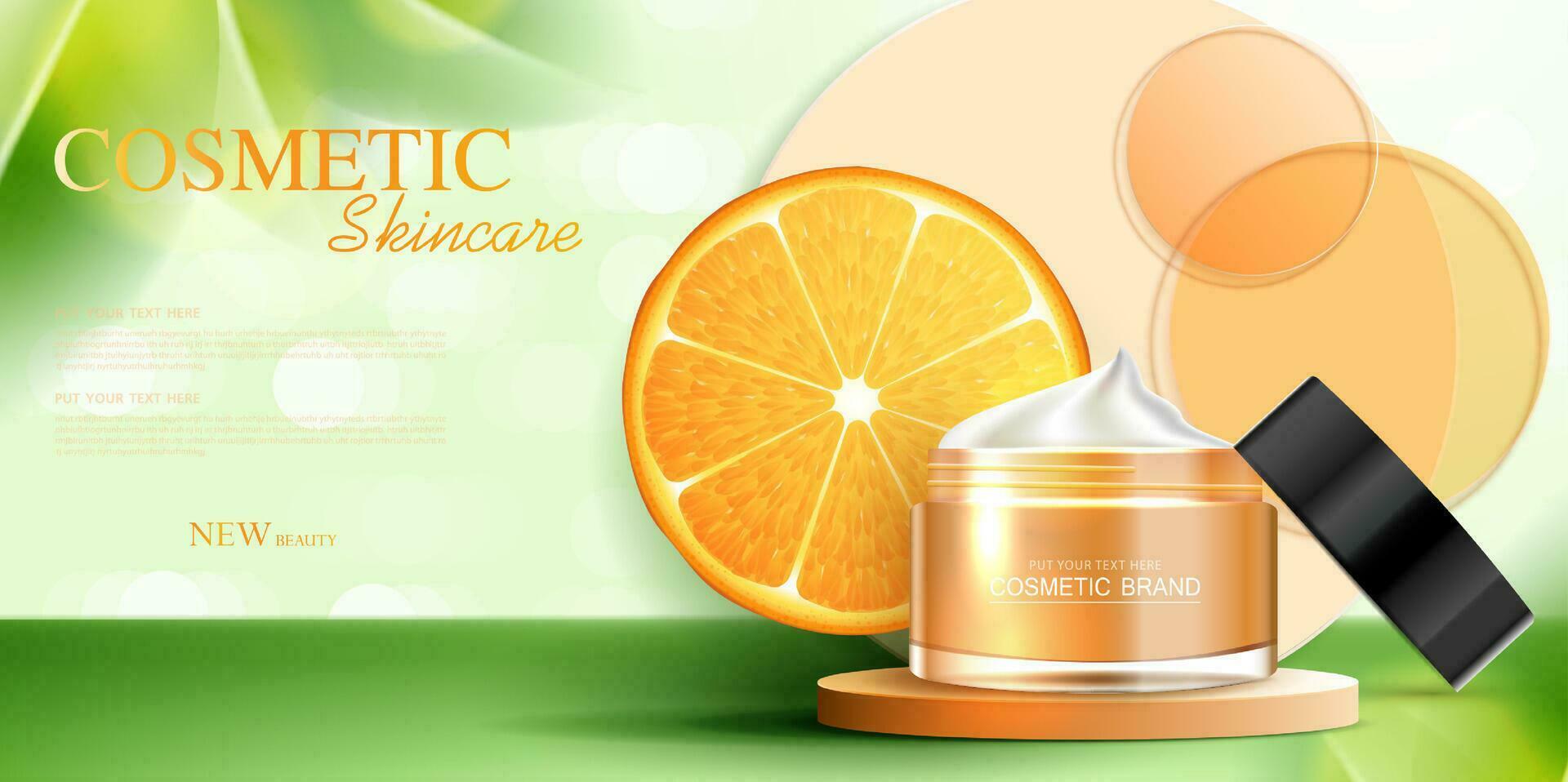 Kosmetika Vitamin c oder Haut Pflege Produkt Anzeigen mit Flasche, realistisch Paket Attrappe, Lehrmodell, Simulation. Banner Anzeige zum Schönheit Produkte und Orange Hintergrund. Vektor Design.