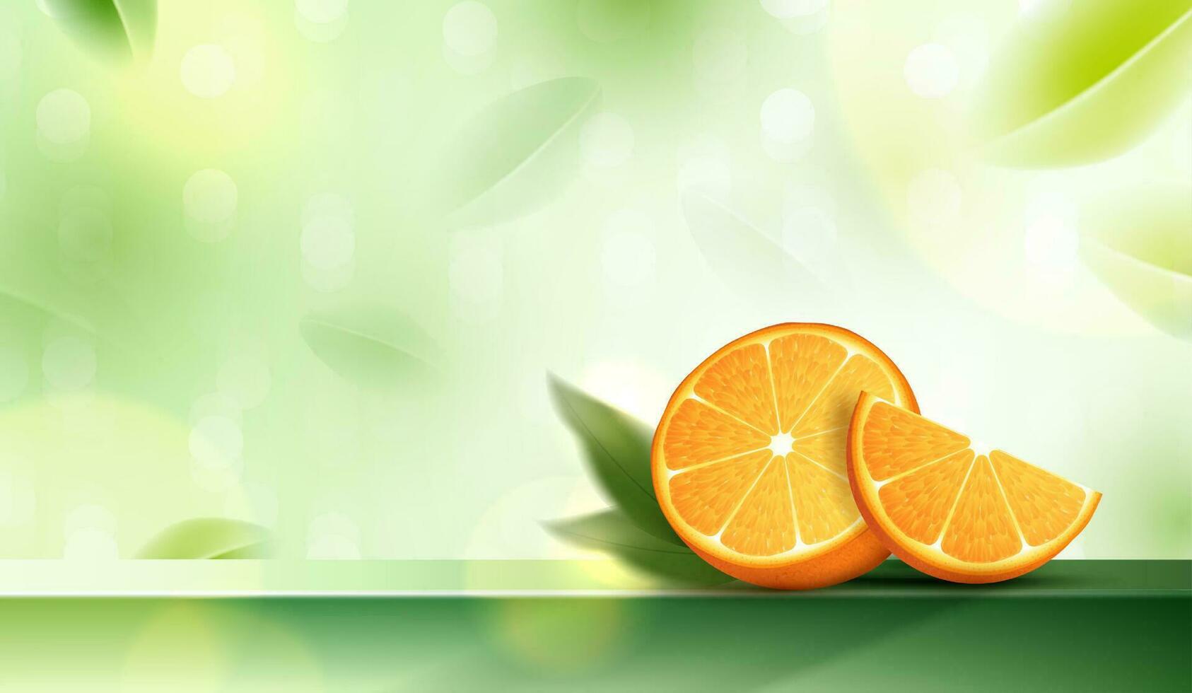 saftig Orangen mit Grün Blätter auf Prämie Podium Anzeige zum Produkt. anwendbar zum Obst Saft Werbung. Kosmetika Vitamin c oder Haut Pflege. Vektor Design.