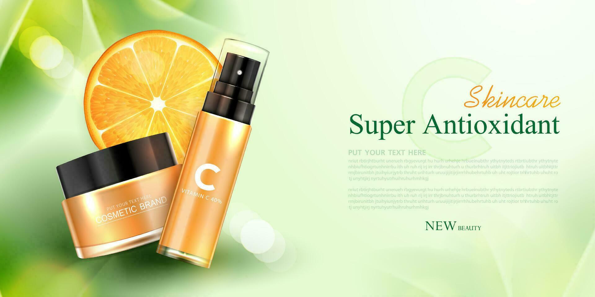 Kosmetika Vitamin c oder Haut Pflege Produkt Anzeigen mit Flasche, realistisch Paket Attrappe, Lehrmodell, Simulation. Banner Anzeige zum Schönheit Produkte und Orange Hintergrund. Vektor Design.