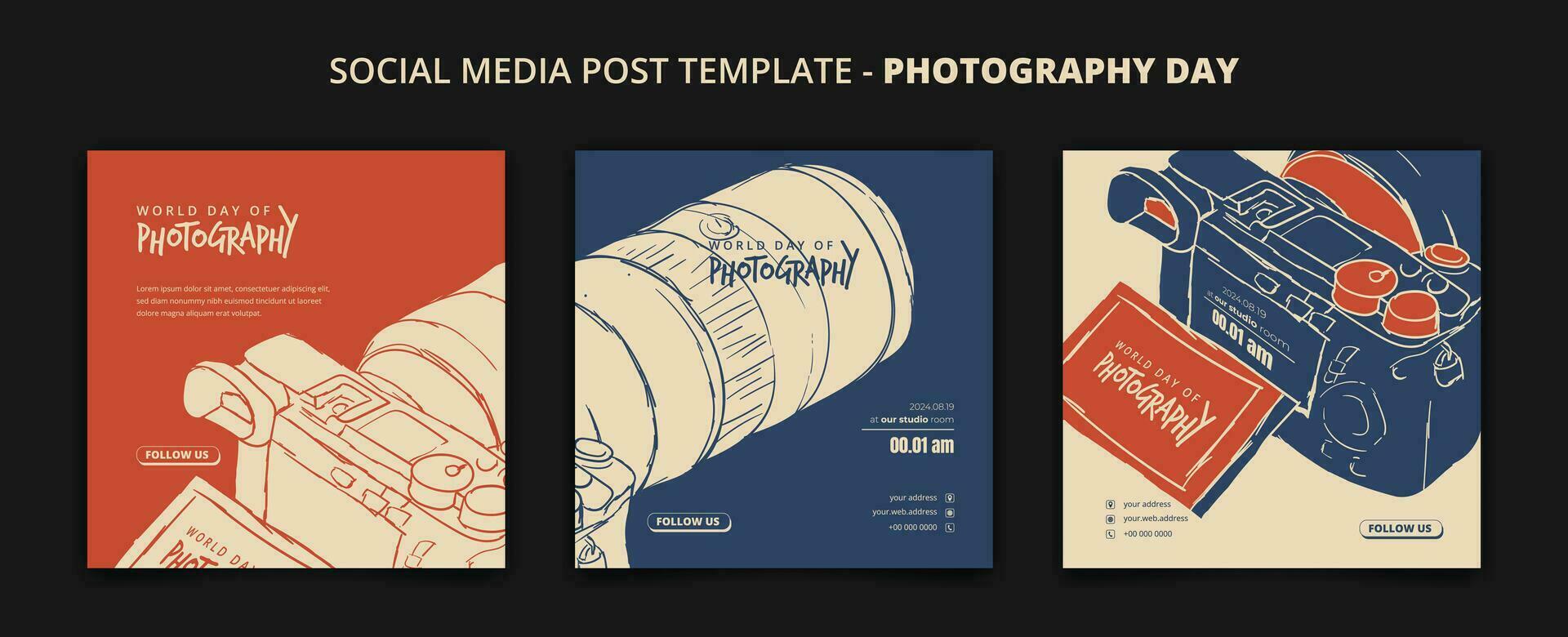 uppsättning av social media posta mall för fotografi dag med kamera i lång lins design vektor