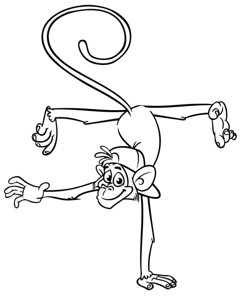 Karikatur komisch Affe handstand und tun Zirkus Trick. Vektor Illustration von glücklich Affe Schimpanse Umrisse zum Färbung Seiten Buch