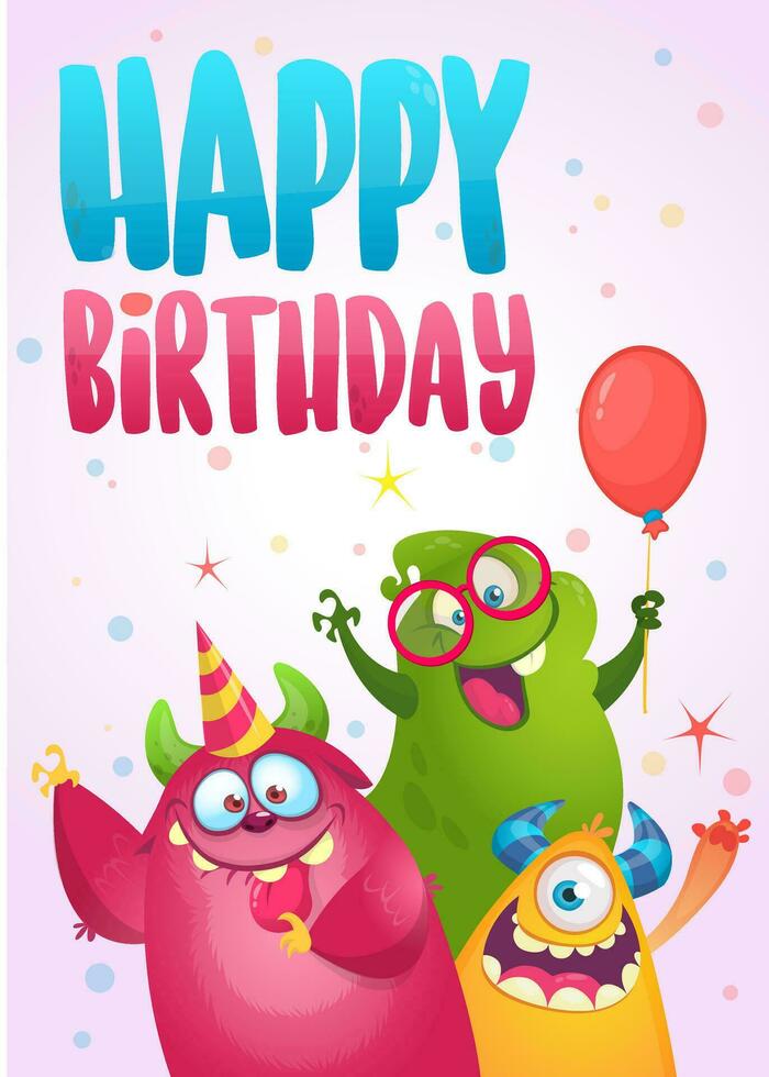 tecknad serie monster födelsedag illustration. vektor design för födelsedag fest, inbjudan, fest affisch