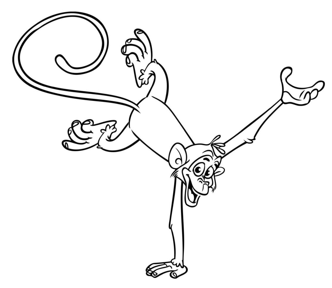 Karikatur komisch Affe handstand und tun Zirkus Trick. Vektor Illustration von glücklich Affe Schimpanse Umrisse zum Färbung Seiten Buch