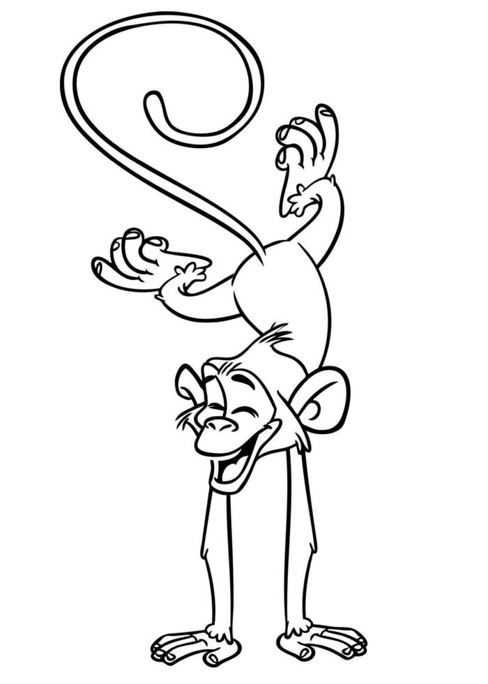 tecknad serie rolig apa handstående och håller på med cirkus lura. vektor illustration av Lycklig apa schimpans konturer för färg sidor bok