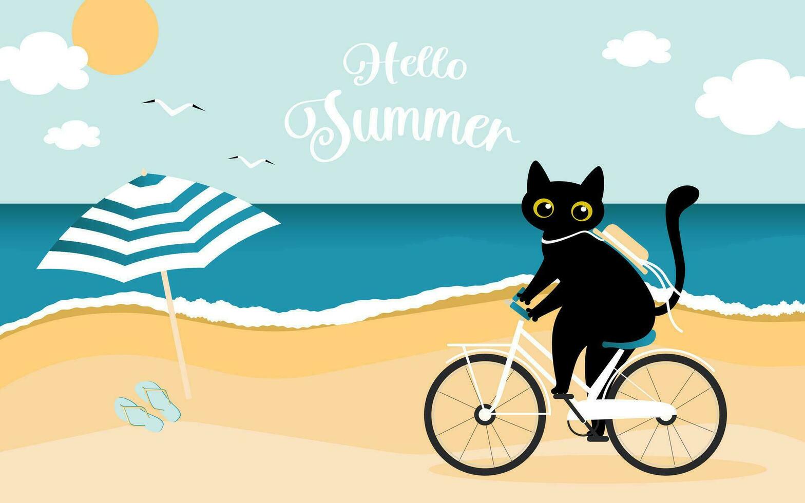 Hallo Sommer. ein süß schwarz Katze Fahrten ein Weiß Fahrrad und genießt das Anfang von Sommer- beim das Strand und Urlaub. nautisch Karikatur Postkarte. Vektor. vektor