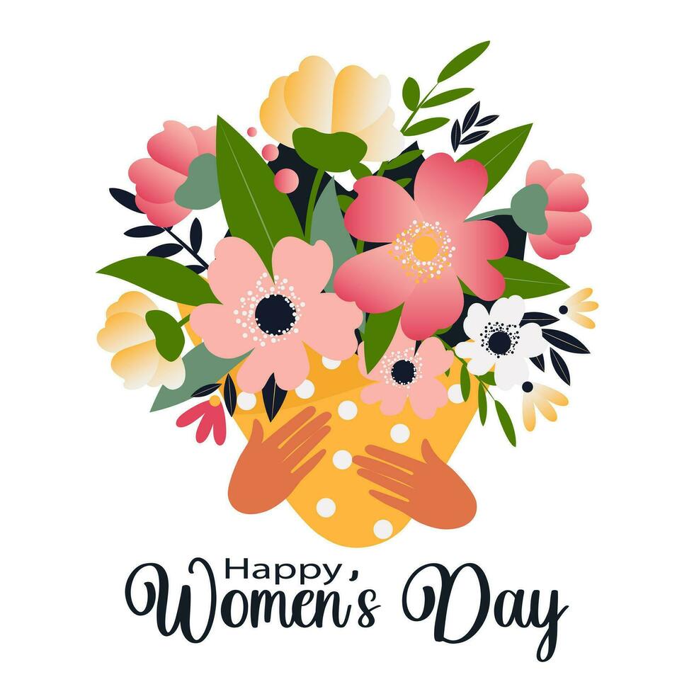 Lycklig kvinnors dag. bukett av vild blommor i händer isolerat på vit bakgrund. blommig kort för de vår Semester. vektor. vektor