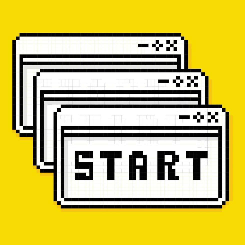 Start. användare gränssnitt i retro pixel konst stil. skrivbordet dator element. vektor