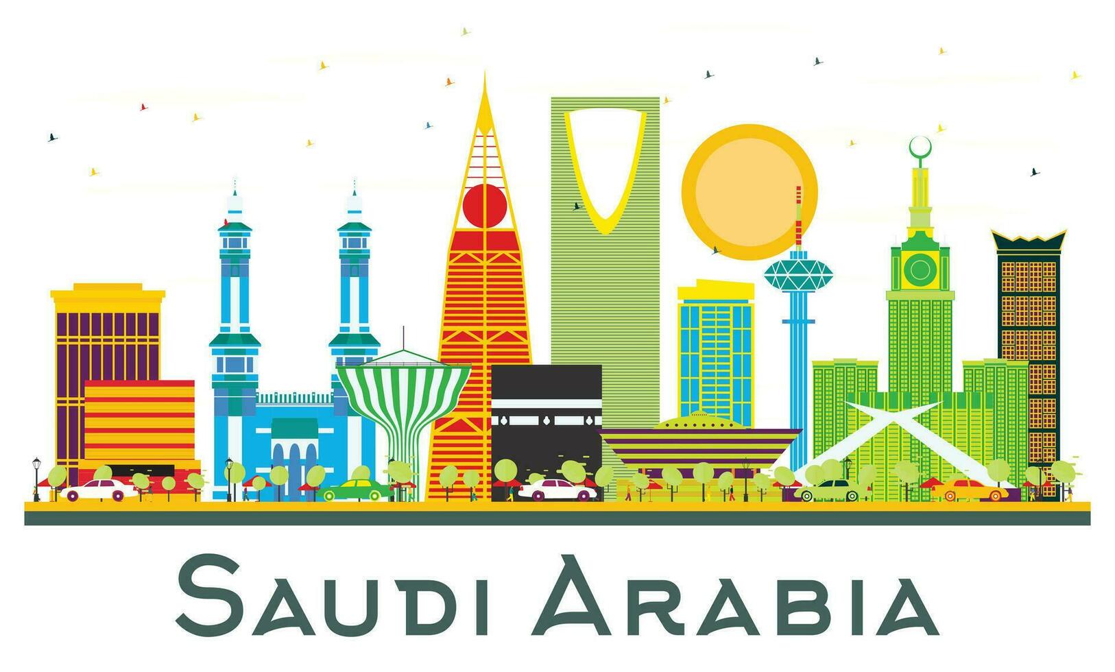 saudi arabien horisont med Färg landmärken isolerat på vit. vektor