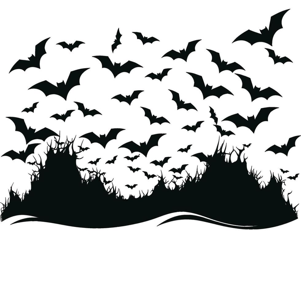 Fledermäuse im Flug ein Herde von Fledermäuse hochfliegend durch das Nacht Himmel, Halloween Tag, Schläger Silhouette vektor