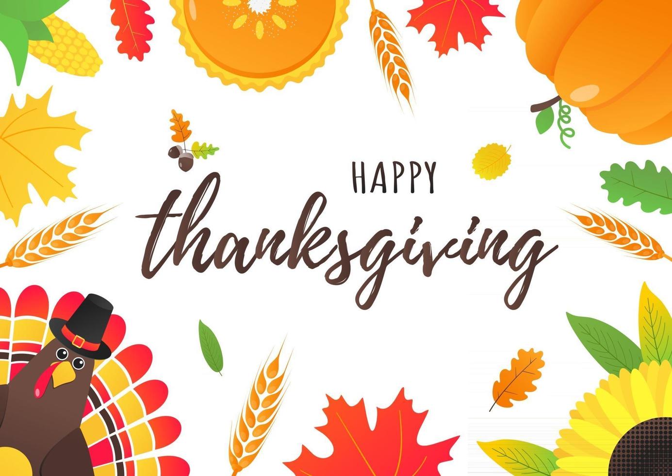 Happy Thanksgiving Day Flat Style Design Poster Vector Illustration mit Truthahn Herbstlaub Sonnenblumenmais und Kürbis Truthahn mit Hut und farbigen Federn feiern Feiertage