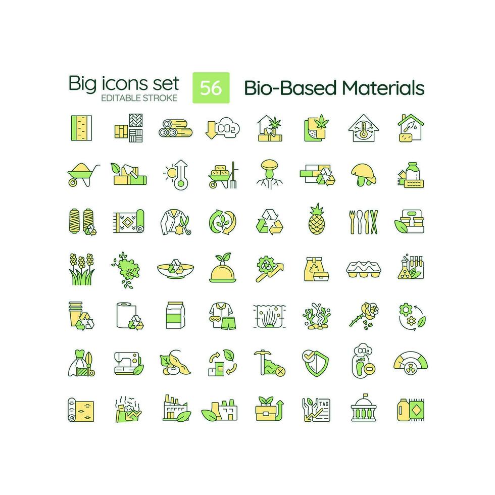 bio baserad material rgb Färg ikoner uppsättning. bio teknologi. eco vänlig. hållbar produktion. cirkulär ekonomi. isolerat vektor illustrationer. enkel fylld linje ritningar samling. redigerbar stroke