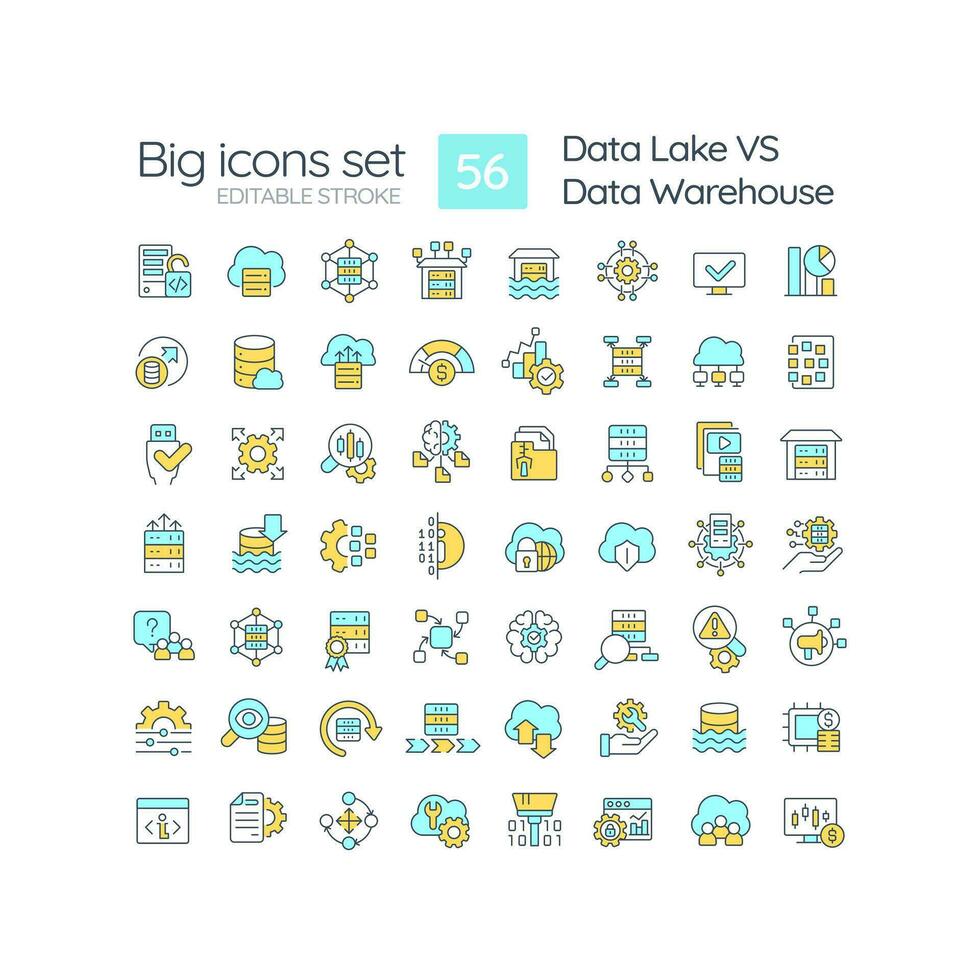data sjö mot data lager rgb Färg ikoner uppsättning. digital förvaret. lagring tillhandahålla service. isolerat vektor illustrationer. enkel fylld linje ritningar samling. redigerbar stroke