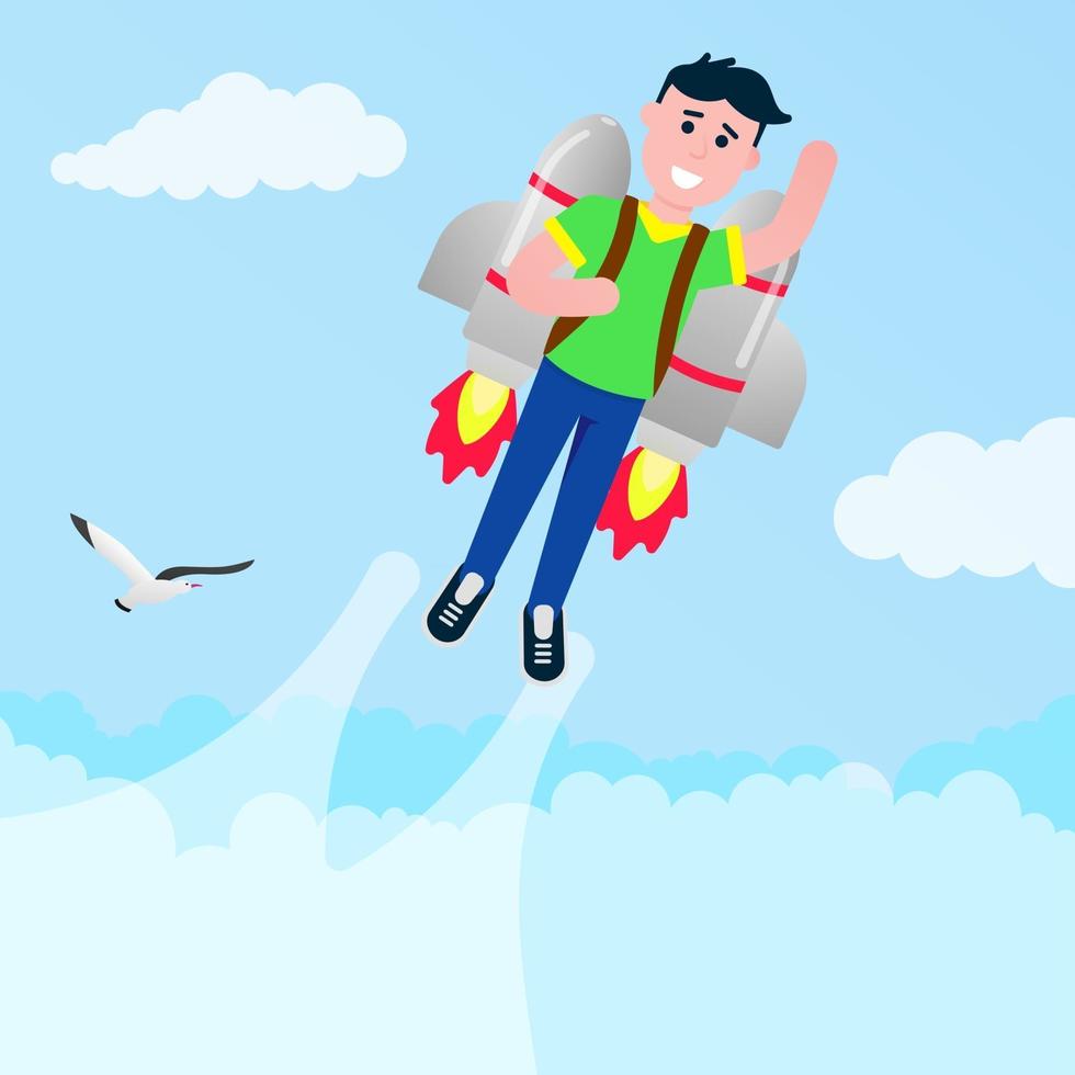 Junge fliegt mit Rakete Jetpack wie ein Superheld Pilot flache Stil Design Vektor-Illustration isoliert auf weißem Hintergrund junge männliche Person mit flammenden Jetpack auf seinem Rücken vektor
