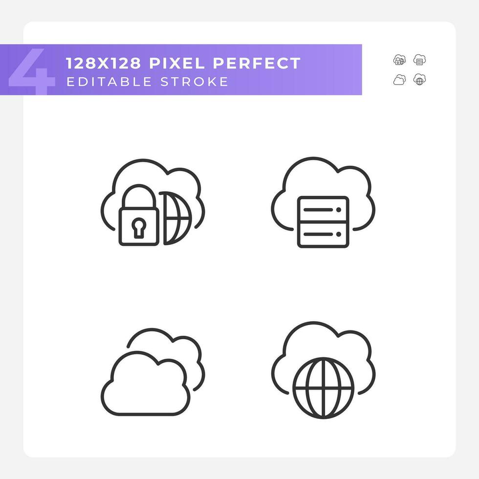 säker tillgång till moln baserad lagring pixel perfekt linjär ikoner uppsättning. internationell kommunikation på internet. anpassningsbar tunn linje symboler. isolerat vektor översikt illustrationer. redigerbar stroke