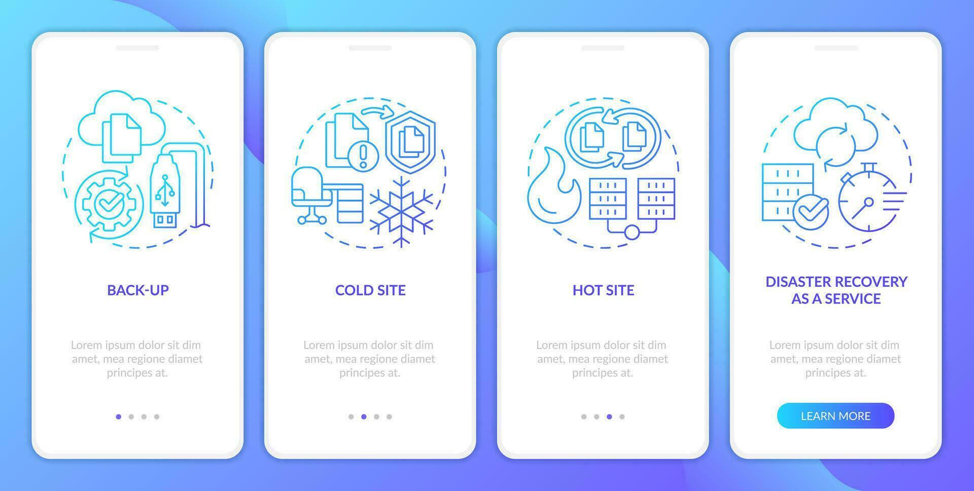 Typen von Katastrophe Wiederherstellung Blau Gradient Onboarding Handy, Mobiltelefon App Bildschirm. Komplettlösung 4 Schritte Grafik Anleitung mit linear Konzepte. ui, ux, gui Vorlage vektor
