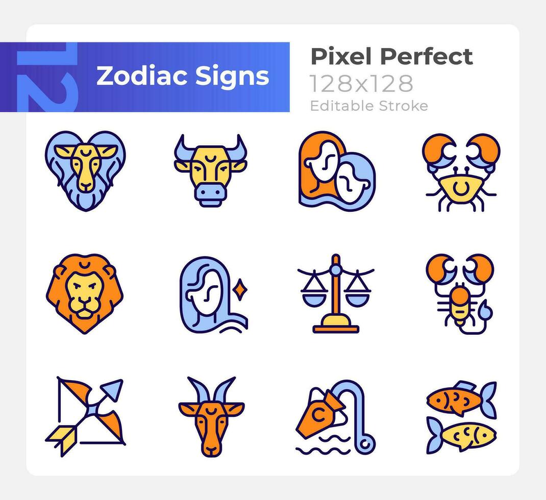 astro tecken pixel perfekt rgb Färg ikoner uppsättning. tolv zodiaken element. isolerat vektor illustrationer. enkel fylld linje ritningar samling. redigerbar stroke