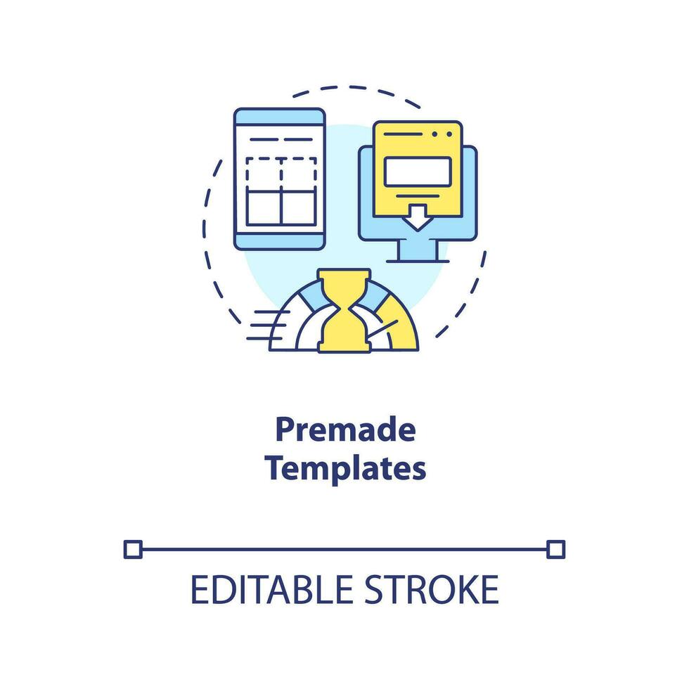 förhandsgjord mallar begrepp ikon. optimerande arbetsflöde. bygga webbplats. innehåll förvaltning abstrakt aning tunn linje illustration. isolerat översikt teckning. redigerbar stroke vektor