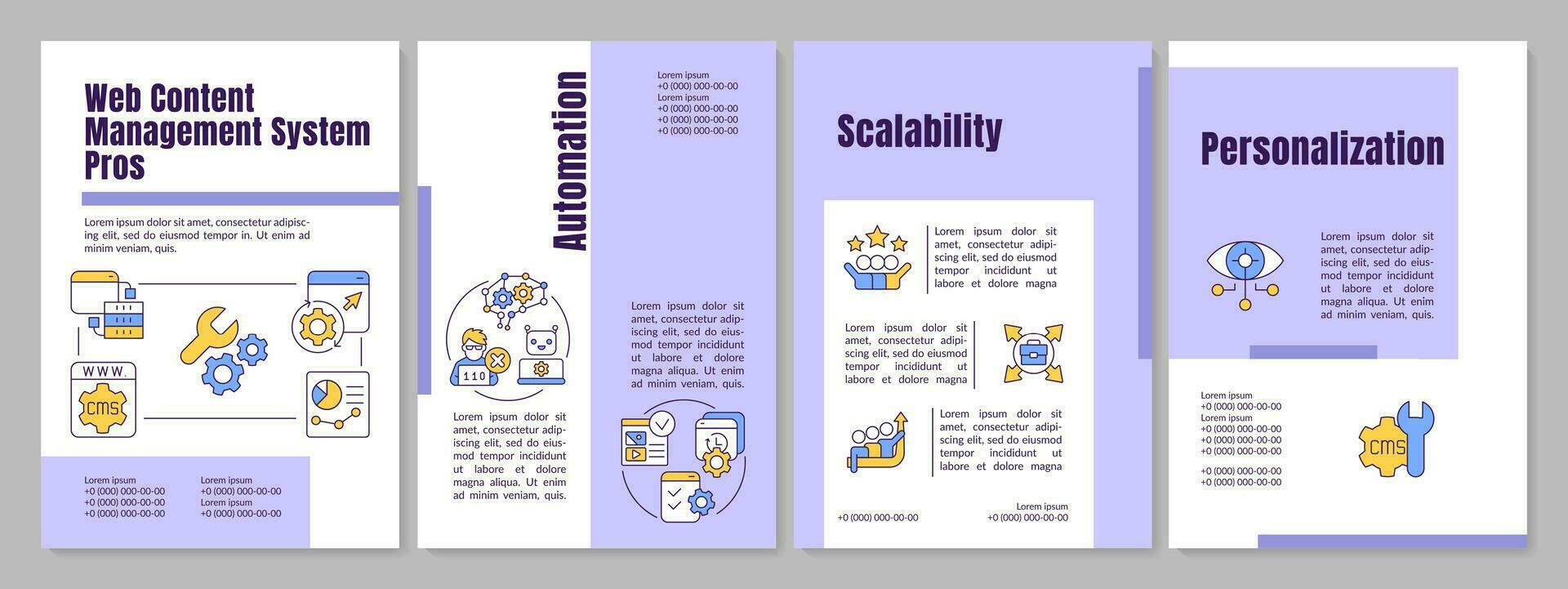 Netz Inhalt Verwaltung System Leistungen lila Broschüre Vorlage. cms Typ. Flugblatt Design mit linear Symbole. editierbar 4 Vektor Layouts zum Präsentation, jährlich Berichte