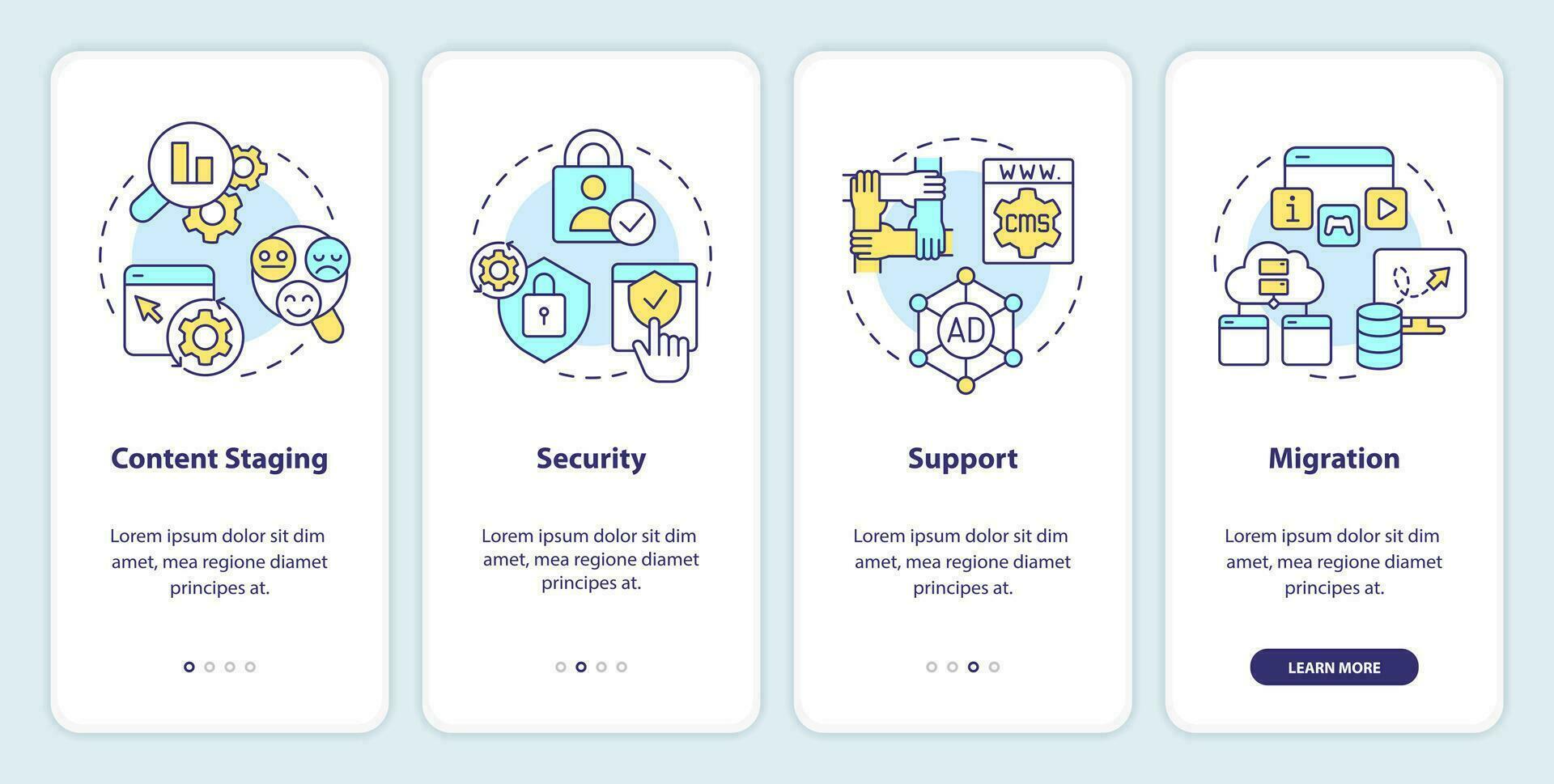 cms funktionalitet onboarding mobil app skärm. plattform krav genomgång 4 steg redigerbar grafisk instruktioner med linjär begrepp. ui, ux, gui mall vektor