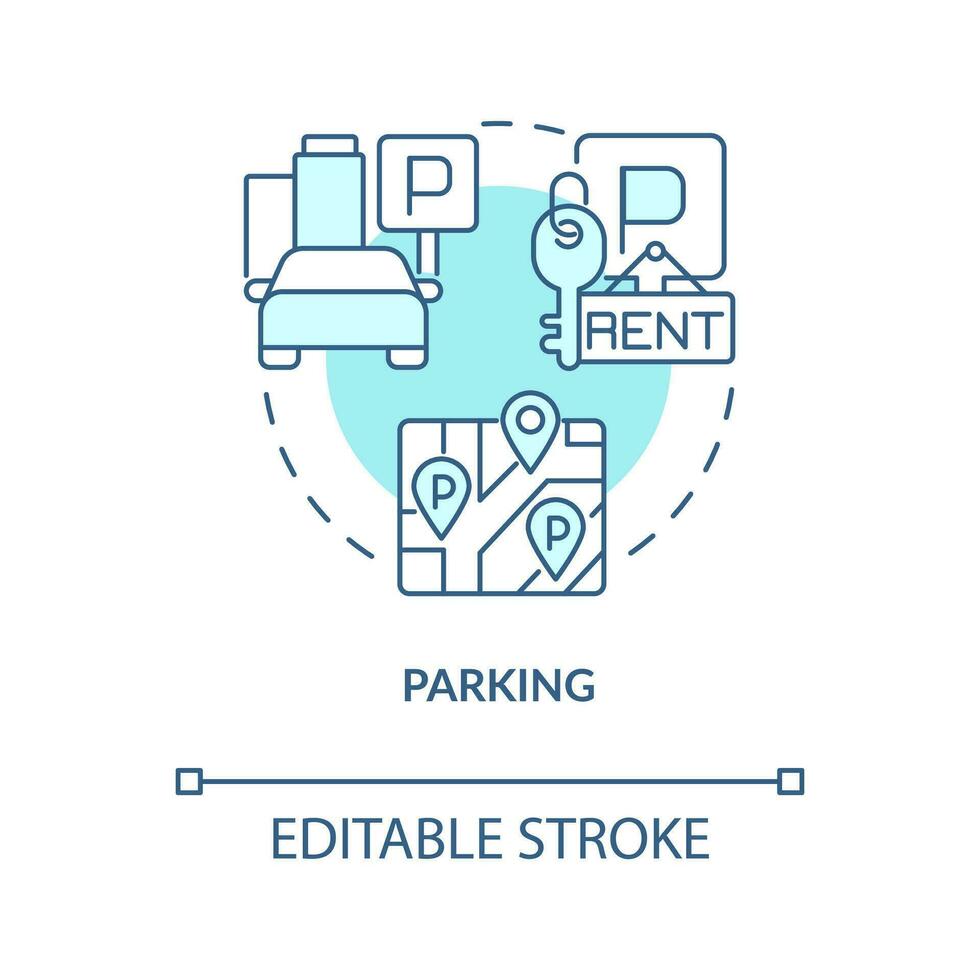 Parkplatz Türkis Konzept Symbol. Wohn Eigentum. Beste Nachbarschaften abstrakt Idee dünn Linie Illustration. isoliert Gliederung Zeichnung. editierbar Schlaganfall vektor