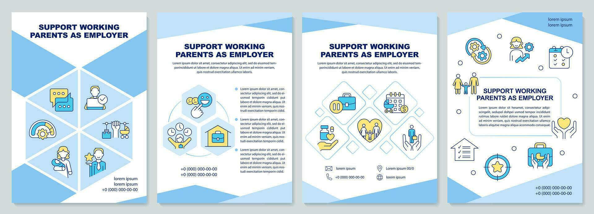 Arbeitgeber Unterstützung Arbeiten Eltern Blau Broschüre Vorlage. Flugblatt Design mit linear Symbole. editierbar 4 Vektor Layouts zum Präsentation, jährlich Berichte