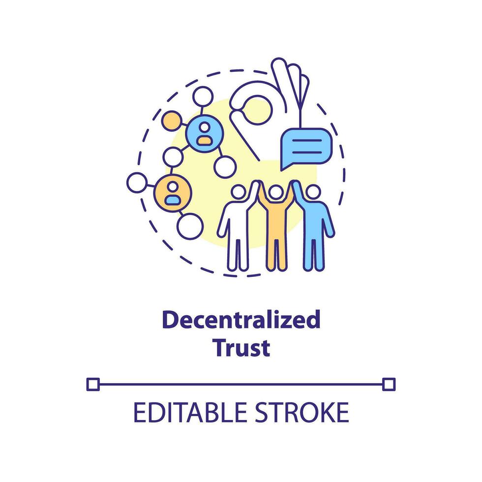 dezentral Vertrauen Konzept Symbol. Menschen Gemeinschaft. Direkte Zugang. Inhalt Schöpfer. Unterstützung Netzwerk. Sozial Medien abstrakt Idee dünn Linie Illustration. isoliert Gliederung Zeichnung. editierbar Schlaganfall vektor