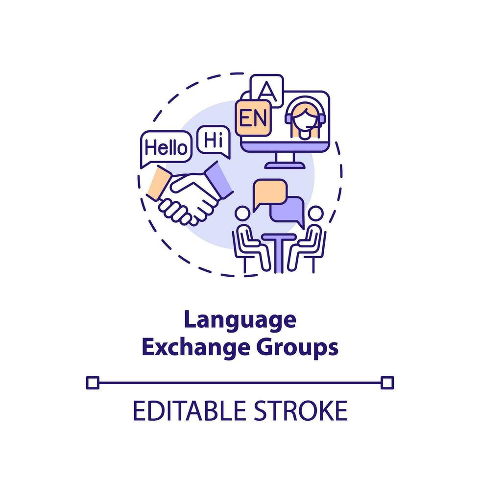 Sprache Austausch Gruppen Konzept Symbol. lehrreich Technologie. fremd Sprache. Mikro Gemeinschaft. Lernen Englisch abstrakt Idee dünn Linie Illustration. isoliert Gliederung Zeichnung. editierbar Schlaganfall vektor