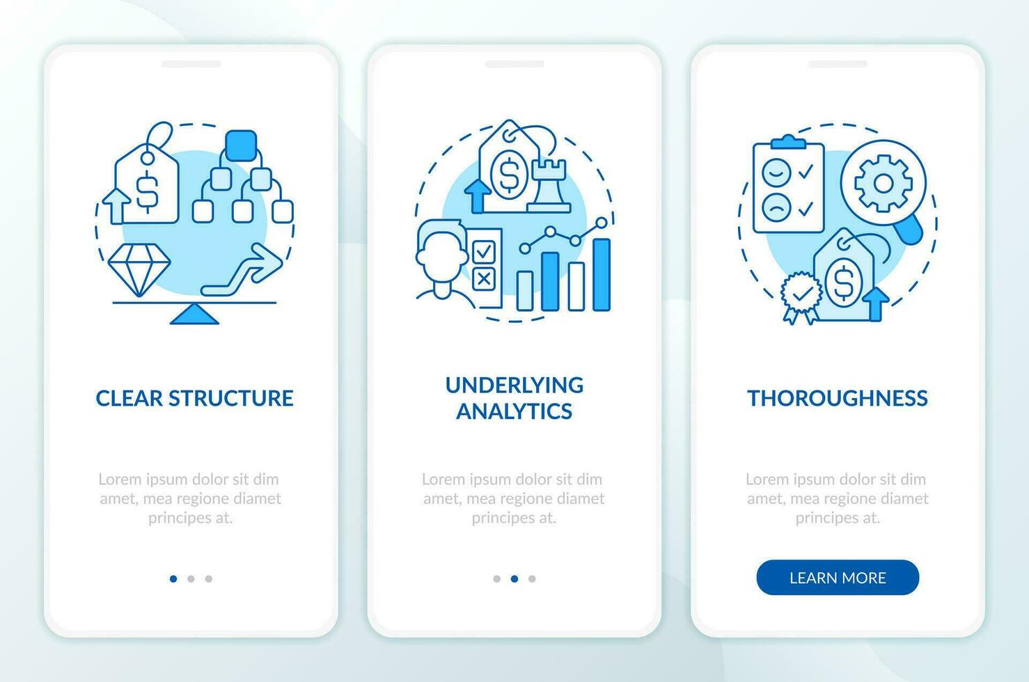 Preis testen Schlüssel Faktoren Blau Onboarding Handy, Mobiltelefon App Bildschirm. Komplettlösung 3 Schritte editierbar Grafik Anleitung mit linear Konzepte. ui, ux, gui Vorlage vektor