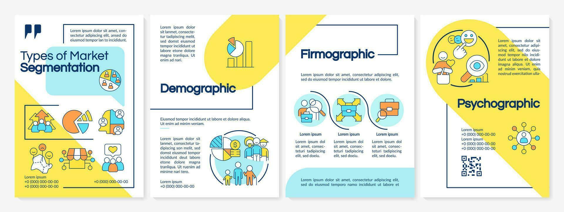 Typen von Markt Segmentierung Gelb und Blau Broschüre Vorlage. Flugblatt Design mit linear Symbole. editierbar 4 Vektor Layouts zum Präsentation, jährlich Berichte